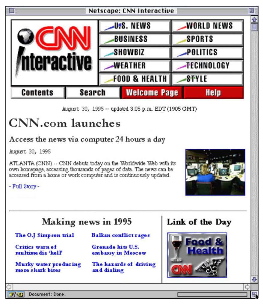 An image of a replica of CNNs 1995 homepage; including bad fonts, Netscape navigator frame and a link to articles “The hazards of driving and dialing” and “The O.J. Simpson trial”